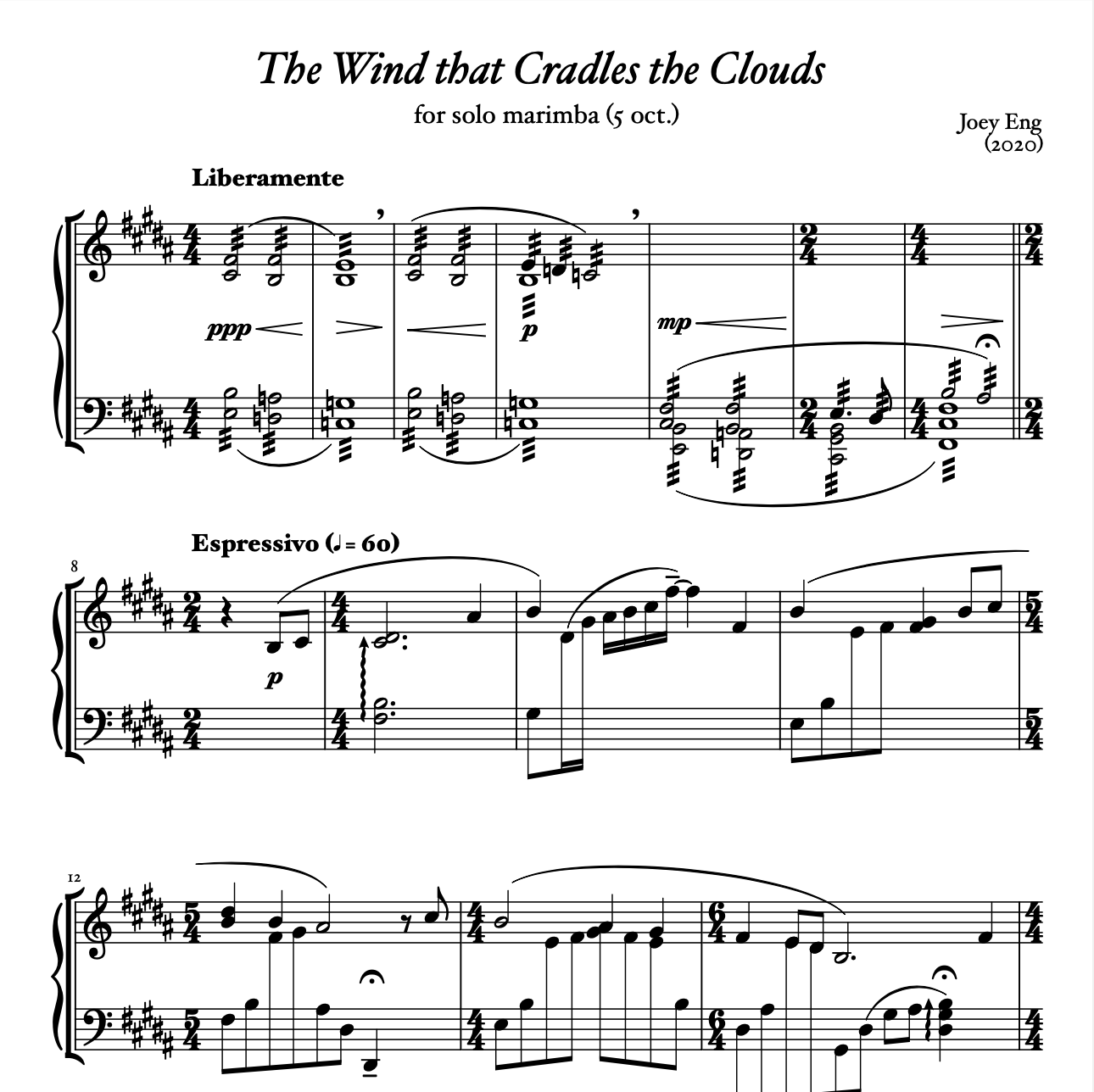 sincerely,' for solo marimba (4.3 oct.) — Joey Eng Music